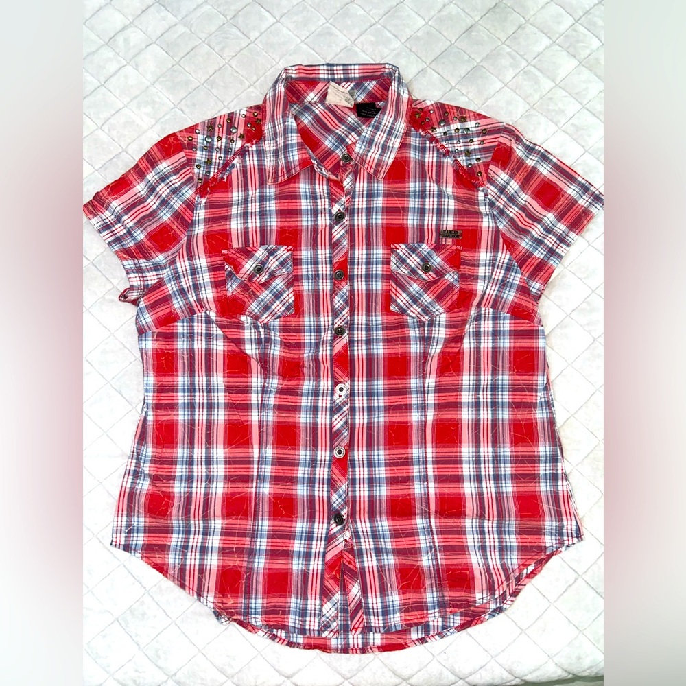 Harley Davidson Large Red Plaid Short Sleeve Button-Up Shirt